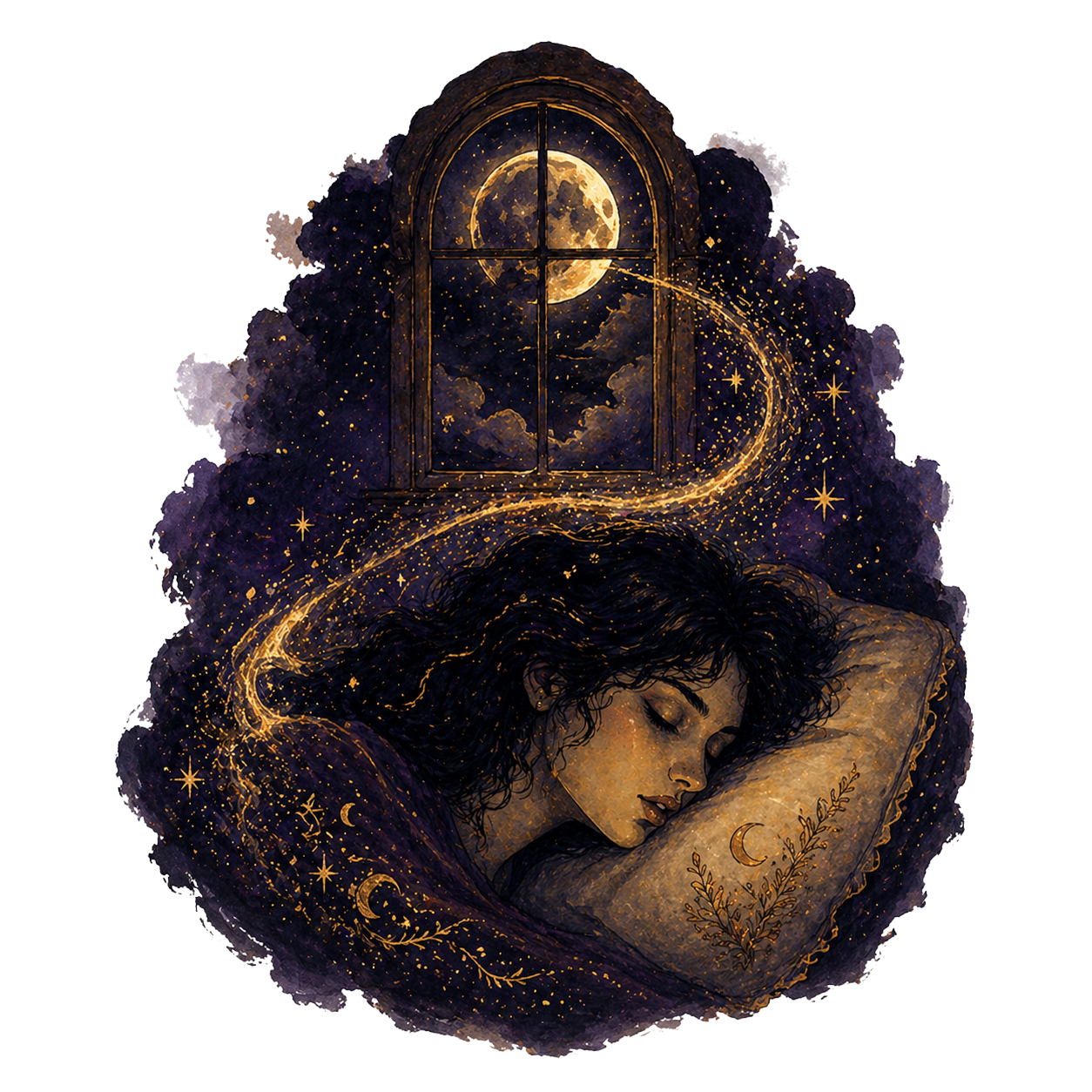 A dreamy night scene — a figure beneath a vast moonlit sky, surrounded by floating symbols and soft light