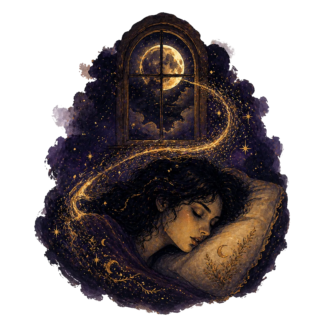 A dreamy night scene — a figure beneath a vast moonlit sky, surrounded by floating symbols and soft light